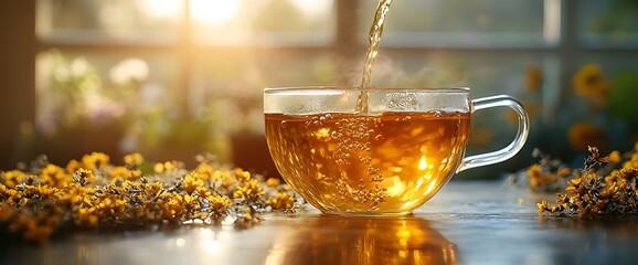 Golden tea pouring into glass cup with flower details  sunlight background.
