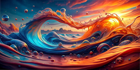 A vibrant wave curls with shades of orange and blue against a stunning sunset. Bubbles dance on the water's surface, creating a lively scene full of movement