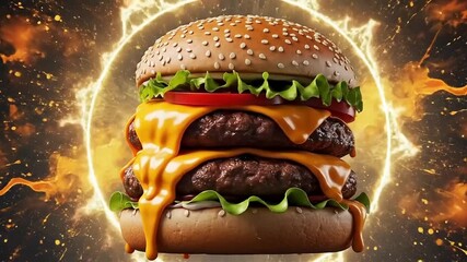A double cheeseburger with dripping cheese and sesame seed bun against an orange burst background