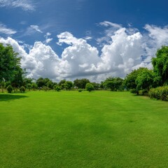 Naklejka premium Wide shot of a parkland, vibrant green lawn, and a partly cloudy sky