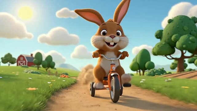 Cartoon bunny riding tricycle on farm path with carrots and barn in background under sunny sky