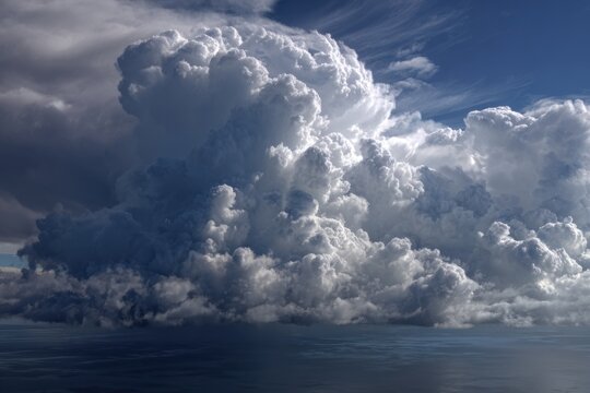 Massive cloud formation dominates dramatic sky over the ocean, showcasing nature's power and beauty during a tranquil moment at sea - Powered by Adobe