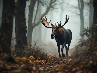 A wild moose with large antlers walks through a foggy wilderness surrounded by autumn foliage, creating a calm and atmospheric wildlife scene