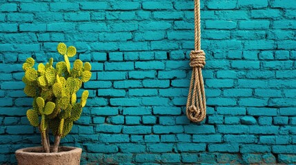 Turquoise vintage wall with cactus and rope concept. Vibrant blue wall with cactus and hanging rope detail.