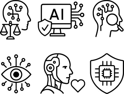 artificial intelligence ethics and transparency line icons