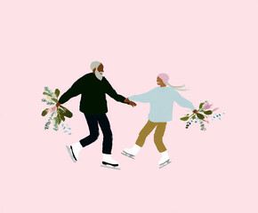 Grandfather and grandmother skating on ice AI generated