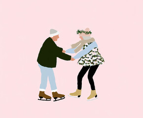 Grandfather and grandmother skating on ice AI generated