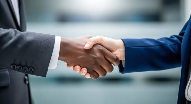 Business partnership and agreement concept with diverse professionals handshake, multiracial man and woman closing successful deal with trust and respect in corporate office