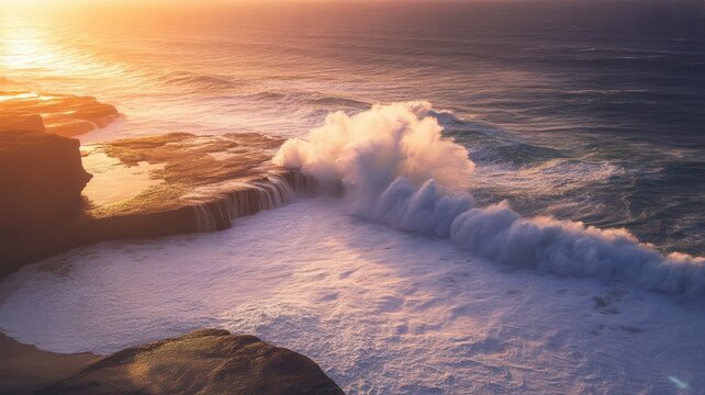 Aerial Sunset Drama: Waves Embrace Ancient Coastal Rocks