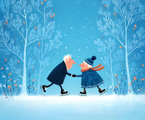 Grandfather and grandmother skating on ice AI generated