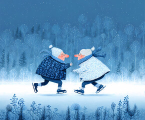 Grandfather and grandmother skating on ice AI generated