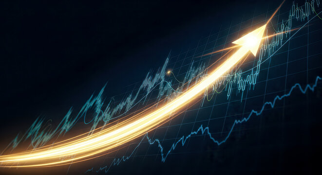 Business growth and success concept with glowing arrow on financial chart, stock market investment and profit increase for corporate development and progress