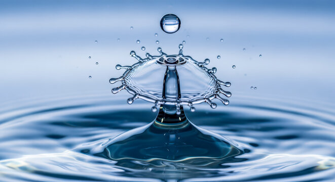 Water drop collision creating beautiful splash on blue background, abstract macro photography of liquid motion for purity and freshness concept