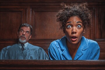 Courtroom scene with surprised defendant reacting to shocking testimony during trial proceedings in a traditional setting