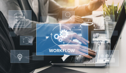 Workflow optimization concept featuring interconnected gears, task management, collaboration,...