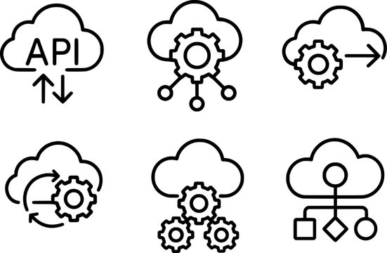 cloud api integration automation system line icon set