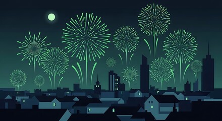 Green fireworks illuminate the night sky above a detailed city