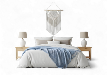Relaxing bedroom scene with soft lighting and cozy bedding, perfect for creating a restful atmosphere and promoting sleep wellness, inspiring interior design projects, and home decor promotions