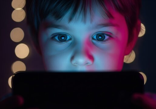 Closeup of a young boys face illuminated by the blue and pink light of a smartphone screen, with bokeh lights in the background