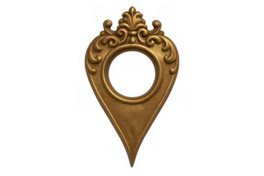 Golden ornate map marker or location pin with baroque design element for navigation and luxury travel concept - Powered by Adobe