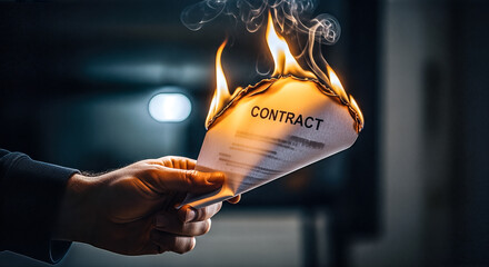 Male hand holding burning paper contract document close up concept breach of agreement cancellation termination conflict legal problem crisis