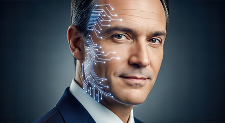 Close up portrait of handsome businessman with glowing digital circuit lines on face concept artificial intelligence biometric security cyber human