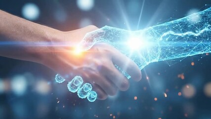 Digital handshake with glowing sparks and network connection overlay representing collaboration - Powered by Adobe