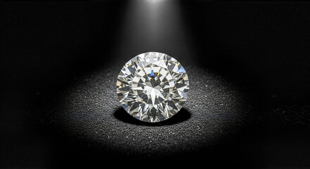 Shiny round diamond on black background with light beam concept luxury wealth expensive jewelry gemstone treasure engagement ring