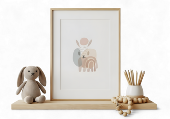 Delightful animal art print in minimalist style evokes calm and joy in a nursery or child's room, complemented by a charming plush bunny and wooden accents on a shelf, creating a serene scene