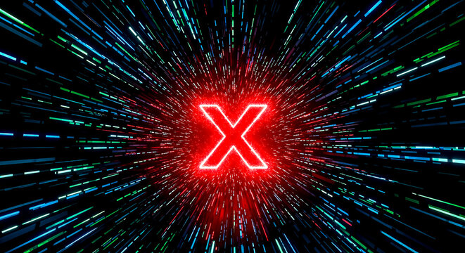 Bright red X letter neon glowing in dark space tunnel concept error danger warning delete stop wrong choice risk problem - Powered by Adobe