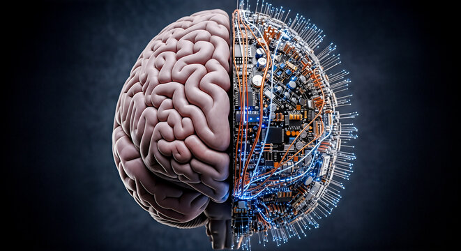 Human brain model split in half with organic and digital electronic parts on dark background concept artificial intelligence cyborg biotechnology