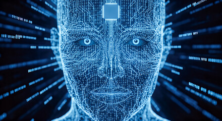 digital artificial intelligence head with electronic circuit board brain machine learning cyber security big data technology background future concept