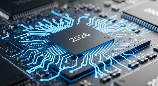 futuristic cpu processor microchip with text 2026 on circuit board blue glowing lines technology innovation computing future hardware concept - Powered by Adobe