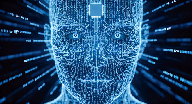 digital artificial intelligence head with electronic circuit board brain machine learning cyber security big data technology background future concept