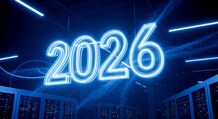 glowing neon text 2026 inside futuristic data server room digital transformation future technology computing innovation concept