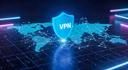 blue vpn shield icon protecting global world map network digital privacy security protection technology concept