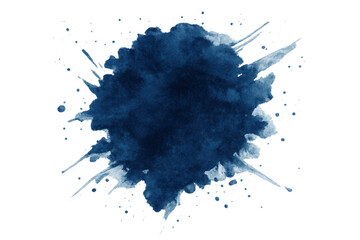 Dark blue watercolor ink creating an abstract splash pattern. The blot features paint splatter and flowing texture