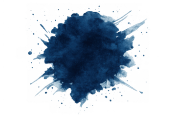 Dark blue watercolor ink creating an abstract splash pattern. The blot features paint splatter and flowing texture