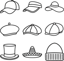 Collection of hand drawn illustrations of various hats and headwear