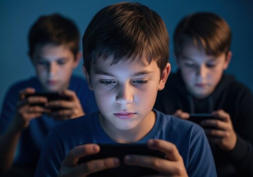Three young boys intensely focused on their smartphones in a dimly lit room, their faces illuminated by the screen light, suggesting gaming or digital interaction