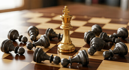Golden chess king standing standing amidst fallen black pawns on chessboard strategy victory leadership business competition management success dominance winner defeat concept