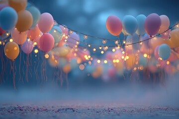 Colorful balloons in pastel shades are suspended above a misty ground, illuminated by warm fairy lights, creating a festive atmosphere for celebrations and joyful gatherings