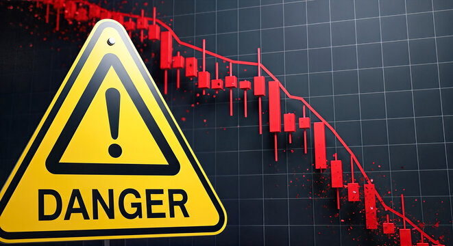 Yellow danger sign standing against red falling financial chart background showing stock market crash economic crisis recession loss risk