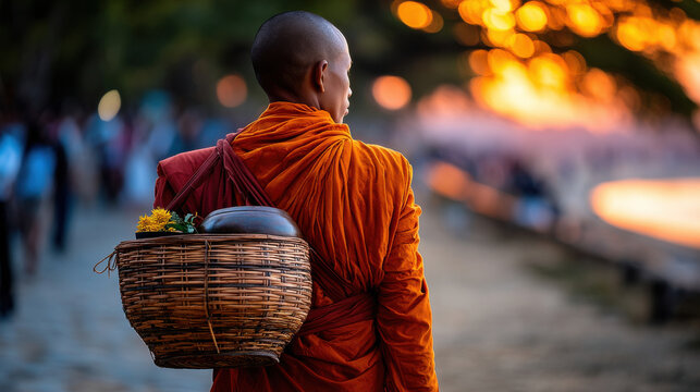 Serene morning ritual in village unfolds as monk walks along path, carrying basket filled with offerings, embracing tranquility
