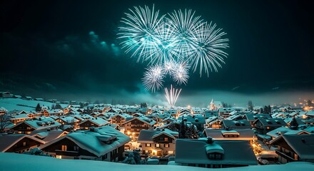 Spectacular fireworks illuminate snowy village at festive night