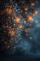Obraz premium Vibrant abstract illustration of sparkling fireworks in shades of orange and blue, creating a festive atmosphere with glowing particles and soft bokeh effects for celebration themes