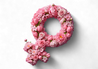 Empowering floral Venus symbol, a celebration of femininity with pink roses, tulips, and peonies, ideal for International Women's Day, Mother's Day designs, and empowering messages