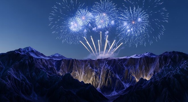 Vibrant blue fireworks explode above a rugged snow-covered canyon