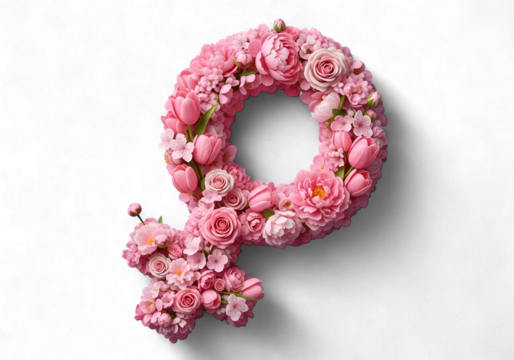 Empowering floral Venus symbol, a celebration of femininity with pink roses, tulips, and peonies, ideal for International Women's Day, Mother's Day designs, and empowering messages