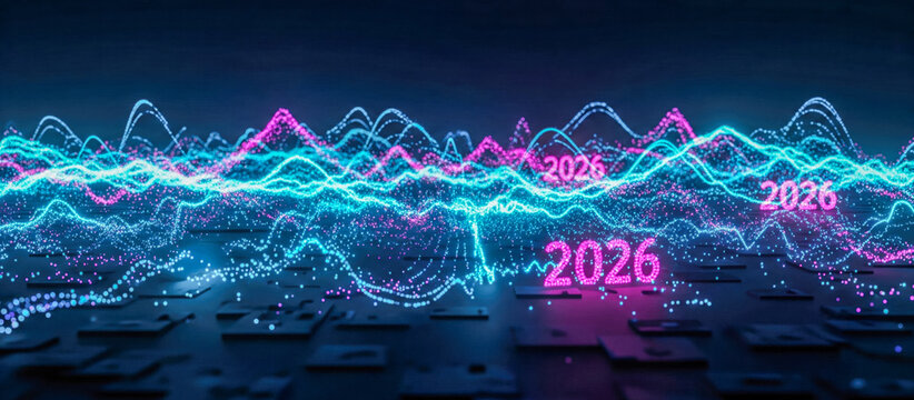 Big data analysis 2026 concept with futuristic digital landscape and glowing charts, abstract background for financial technology, stock market or blockchain